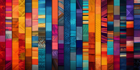 colorful bright background, collage of different fabrick patterns - obrazy, fototapety, plakaty