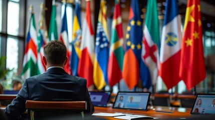 A businessman seated facing a row of international flags in a modern conference room. - obrazy, fototapety, plakaty