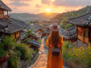 Woman travelling in small japanese village at sunset during summer