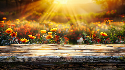 Bright Summer Field with Flowers, Warm Sunlight and Natural Beauty, Outdoor Relaxation on Wooden Surface - Powered by Adobe