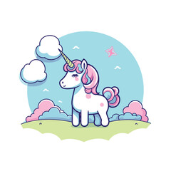 Obraz na płótnie Canvas Cute cartoon unicorn on the meadow with clouds. Vector illustration.
