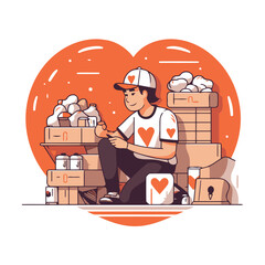 Vector illustration of a delivery man with boxes in the form of heart