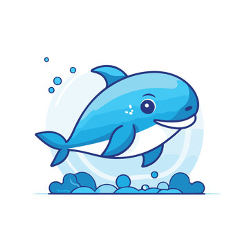 Cute cartoon dolphin swimming in the water. Vector flat illustration.