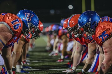 American football players in a tense moment before the start of a play on the field.