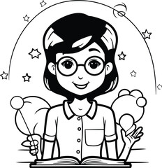 Black and White Cartoon Illustration of Girl Reading a Book Coloring Book