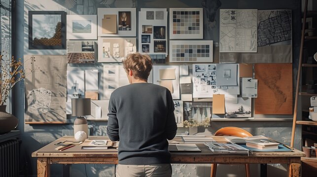 An array of mood boards, color palettes, and textures laid out during a branding brainstorming session.