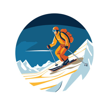 Skier on the piste in the mountains. Vector illustration.