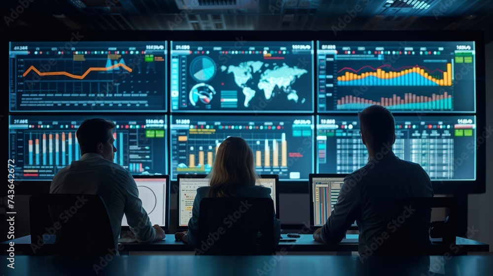 Poster team of professionals analyzing business metrics on multiple computer screens in a dark control room