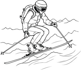 Skier skiing downhill. black and white version. vector illustration.