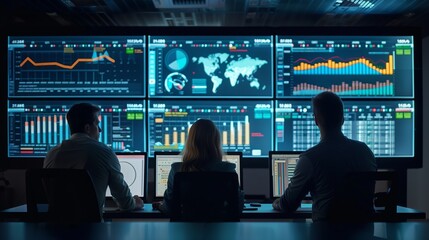 Team of professionals analyzing business metrics on multiple computer screens in a dark control room.