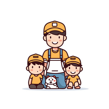 Father and children in uniform. Happy family concept. Vector illustration.