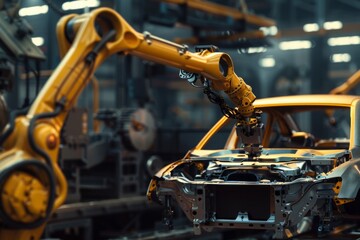 Automated robotic arms working on a car assembly line in a manufacturing plant.