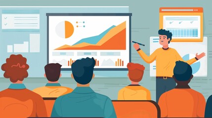 A presenter explains complex data points using colorful graphs and charts in a business presentation to attentive colleagues.