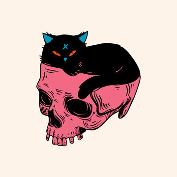 Skull with with cat. Trendy vector illustration.