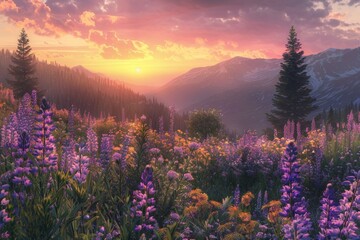 Twilight over a peaceful meadow with wildflowers - obrazy, fototapety, plakaty