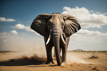 Fototapeta na wymiar african elephant is walking on desert after rain front view, 3d illustration 