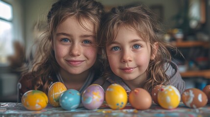 Fototapeta na wymiar Smiling children with colorful painted Easter eggs