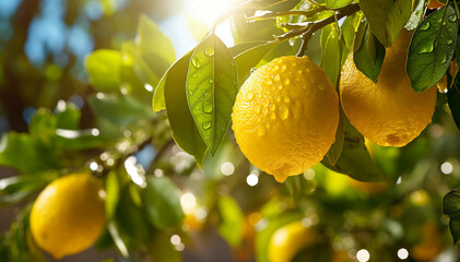 Lemon tree with yellow lemons. Closeup citrus fruits in green garden background. Organic food with vitamins and healthy tropical juicy fruit. Banner. - obrazy, fototapety, plakaty
