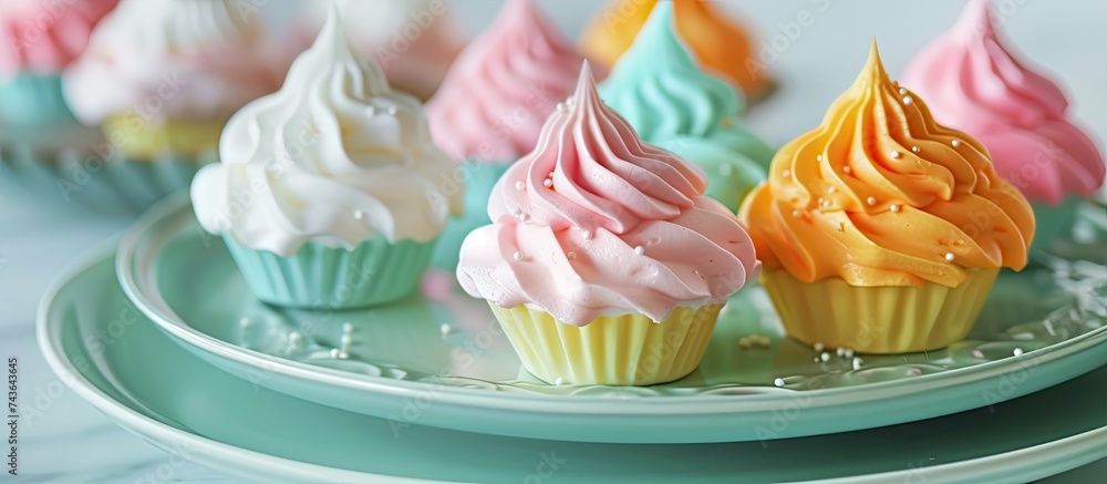 Poster a plate filled with cupcakes, each covered in a generous layer of fluffy meringue and colorful frost