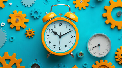 Vibrant yellow alarm clocks and various sized gears on a blue background, representing concepts of time management and efficiency.
