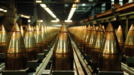 Ammunition production line, artillery grenades in factory setting.
