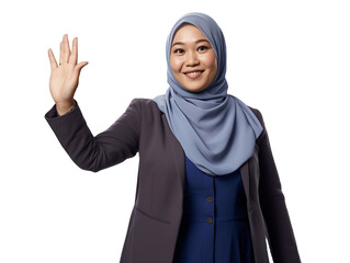 Friendly Muslim Businesswoman Waving Hand, Greeting in Professional Attire, Isolated, Transparent