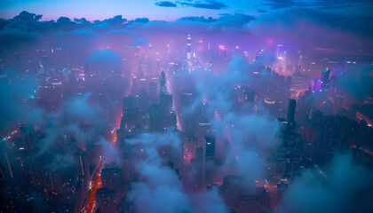 An aerial view of a city in the evening with city lights and slight clouds