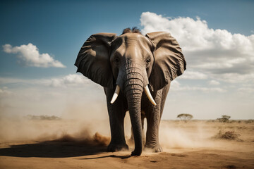 Fototapeta na wymiar african elephant is walking on desert after rain front view, 3d illustration 
