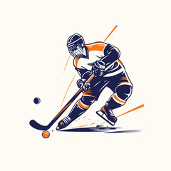 Hockey player with the stick and puck on ice. Vector illustration