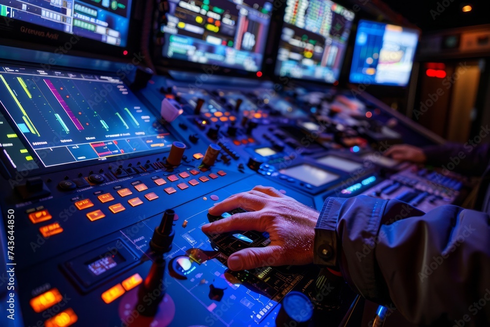 Poster person operating a control panel with multiple monitors in a dark room.