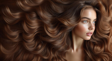 Beauty portrait of young beautiful woman and silky curly hair and make up as banner for hair treatment advertiding.Space for text.AI Generative.