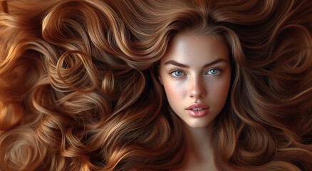 Beauty portrait of young beautiful woman and silky curly hair and make up as banner for hair treatment advertiding.Space for text.AI Generative.