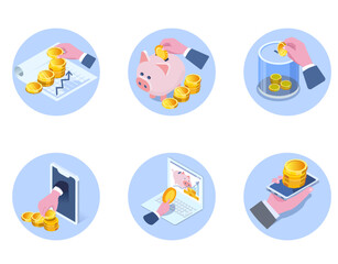 Fototapeta premium Vector isometric illustration set of piggy bank and coins with hand,finance concept