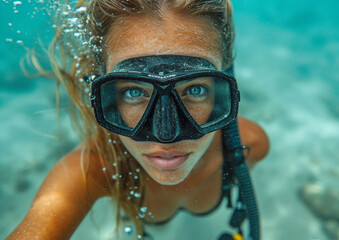 Fototapeta premium Beautiful young woman in scuba diving mask enjoying snorkeling under water.Macro.AI Generative.