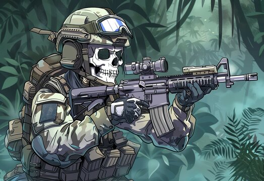 a special ops skeleton operator with a assault rifle in the jungle