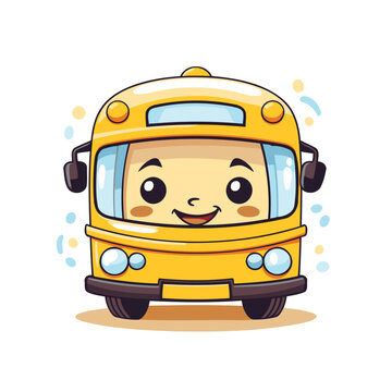 Cute cartoon school bus character. Vector illustration on white background.
