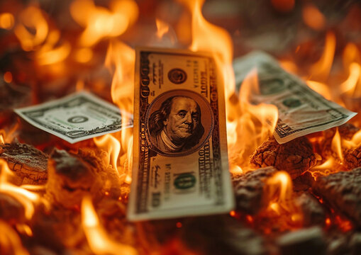 Dollar currency bancnote on fire as economic crisis concept.Macro.AI Generative.