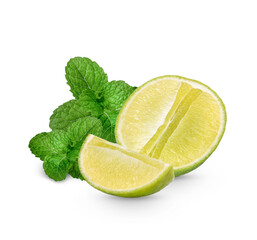 Fresh lime with mint leaves isolated on transparent background (.PNG)