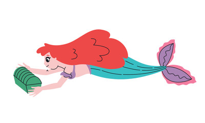 Mermaid holding chest. Fairytale character in doodle style.