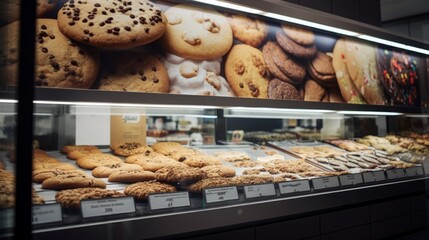 Various food types are available in the bakerys display case - obrazy, fototapety, plakaty