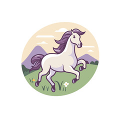 White horse running on the meadow. Vector illustration in flat style