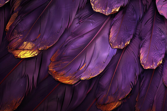 3D luxury macro texture of feathers in purple color in golden highlights, abstract bright feathers background close up, beautiful feathers pattern