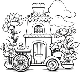 house with flowers and wheelbarrow icon cartoon black and white vector illustration graphic design