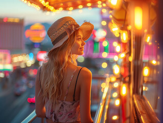 blonde woman wearing bit hat in Las Vegas, USA at sunset in front of lights sign