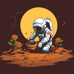 Astronaut with a bowl of honey on the background of the moon