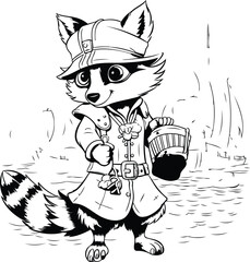 Raccoon in a cap with an accordion. Vector illustration.