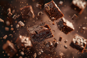 hovering chocolate brownie pieces, hyper realistic