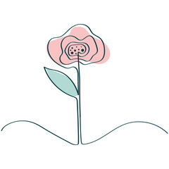 Flower drawn in one line with a pink spot. Minimalistic outline drawing. Work in one line. Vector illustration, eps 10