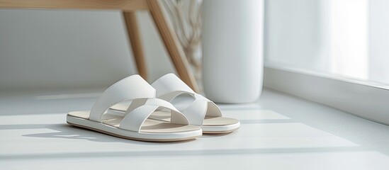 A pair of white womens sandals is placed neatly on a window sill, with a white background. The sandals are the focal point of the image, showcasing their design and simplicity.