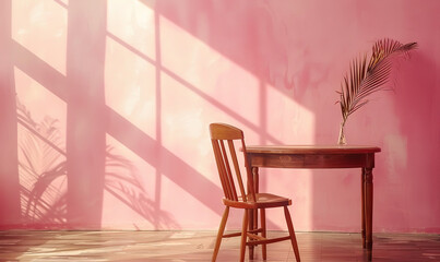 wooden chair near dining table against pink wall. art deco interior design of modern dining room